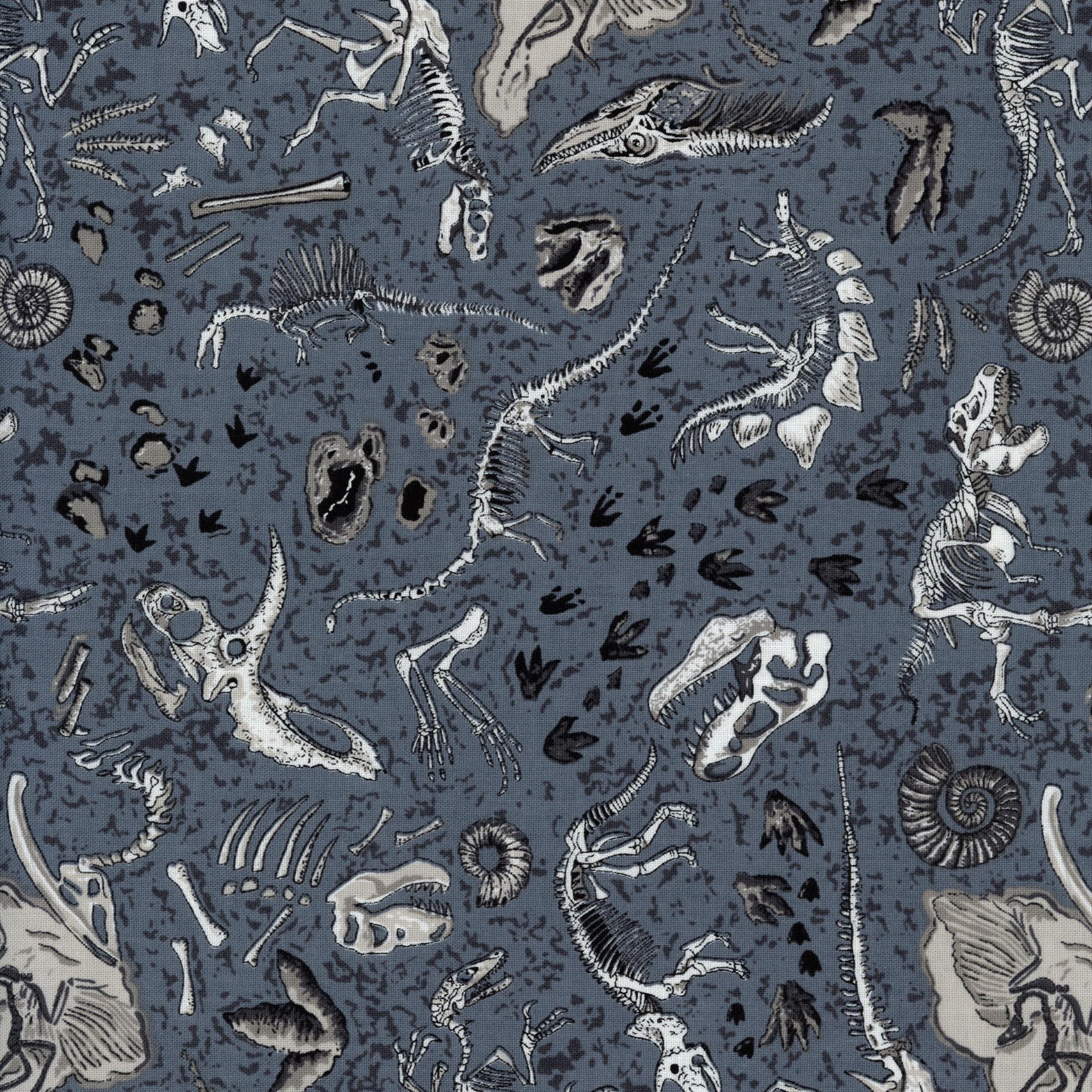 Nutex Lost World - Fossils - Patchwork and Quilting Fabric from Brown's Craft Shed (Tags: Fabric blue bones charcoal children dinosaur fossils grey Lost World nature novelty Nutex playful prehistoric )