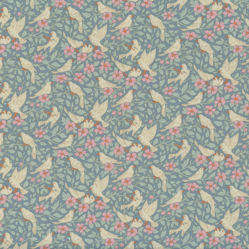 Tilda Songbird - Ava Blue - Patchwork and Quilting Fabric from Brown's Craft Shed (Tags: Fabric birds blue cottage cream Floral nature pink plants Tilda Tilda Songbird vintage whimsical )