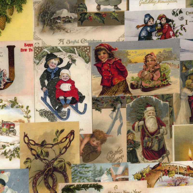 Devonstone Collection UNO - Christmas Postcard - Patchwork and Quilting Fabric from Brown's Craft Shed (Tags: Fabric children christmas postcards cream Devonstone Collection festive green holiday nostalgic novelty red traditional Christmas vintage )