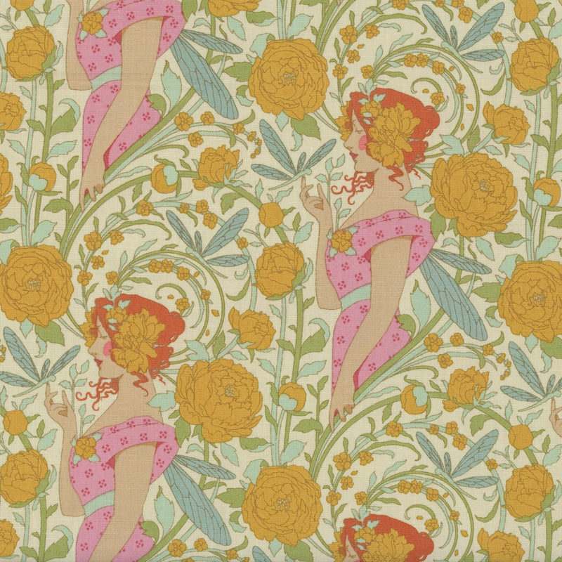 Tilda Songbird - Aubery Mustard - Patchwork and Quilting Fabric from Brown's Craft Shed (Tags: Fabric Art Nouveau Aubery Mustard cottage cream dragonfly feminine Floral green mustard nature pink Tilda Tilda Songbird vintage whimsical )
