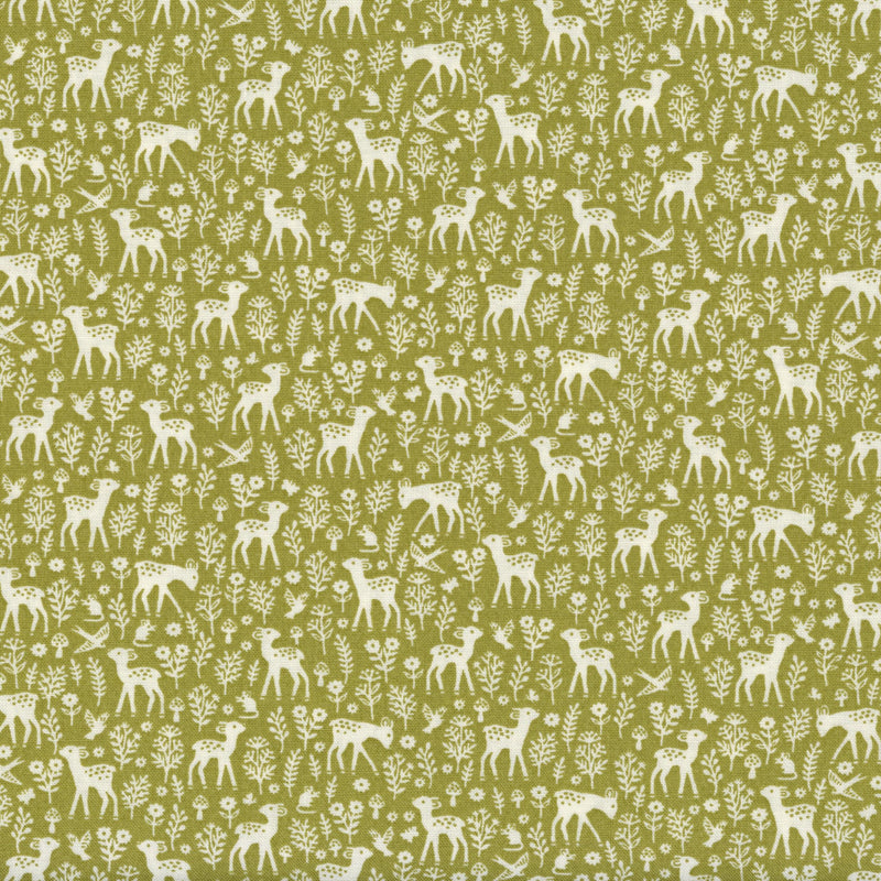 Makower UK - Little Ones - Patchwork and Quilting Fabric from Brown's Craft Shed (Tags: Fabric animals baby children deer green Little Ones Makower UK nature nursery olive plants whimsical white woodland )