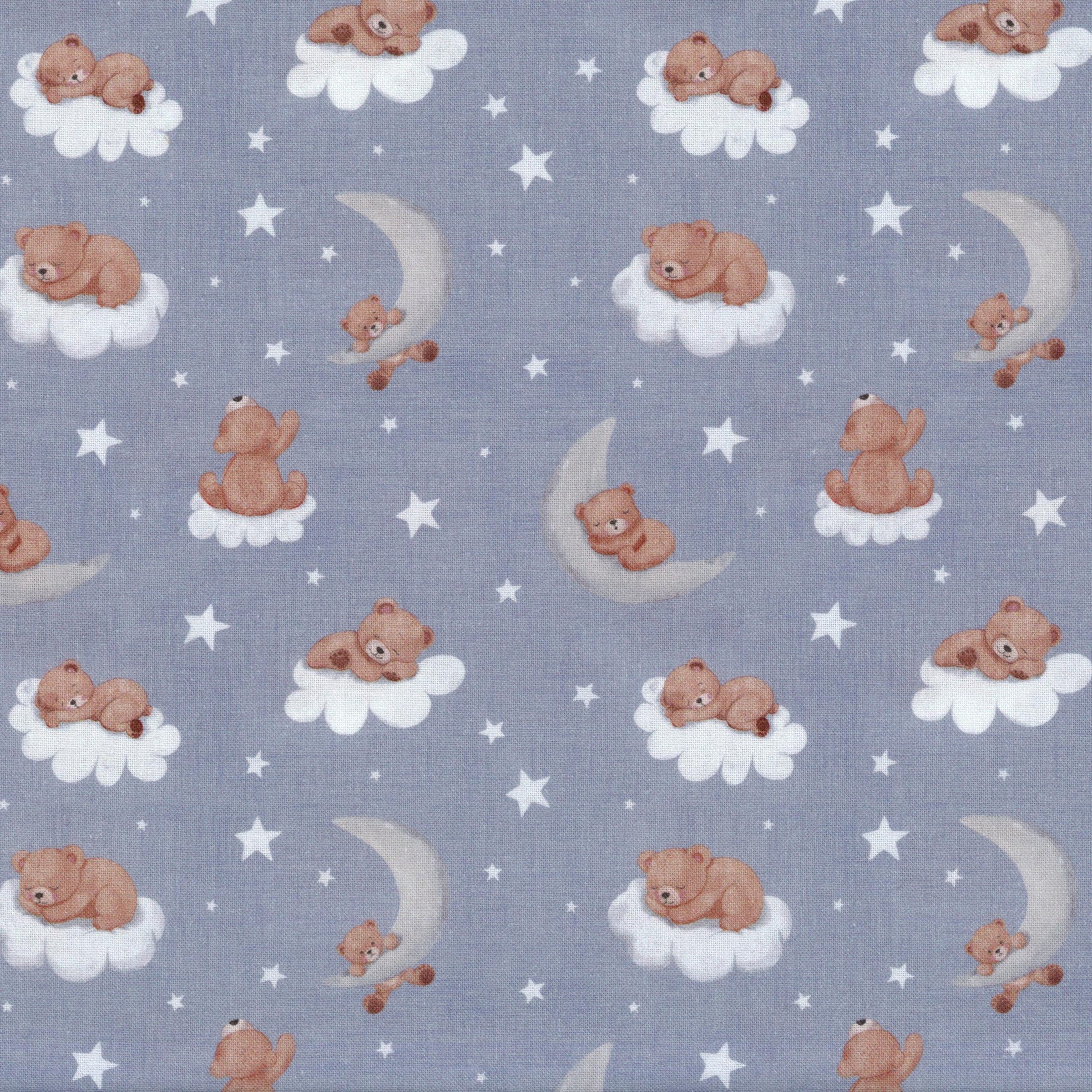 Nutex Skyward Dreams by Mel Armstrong - Patchwork and Quilting Fabric from Brown's Craft Shed (Tags: Fabric animal baby bedtime blue children clouds grey Mel Armstrong moon nursery Nutex pastel teddy bear whimsical )
