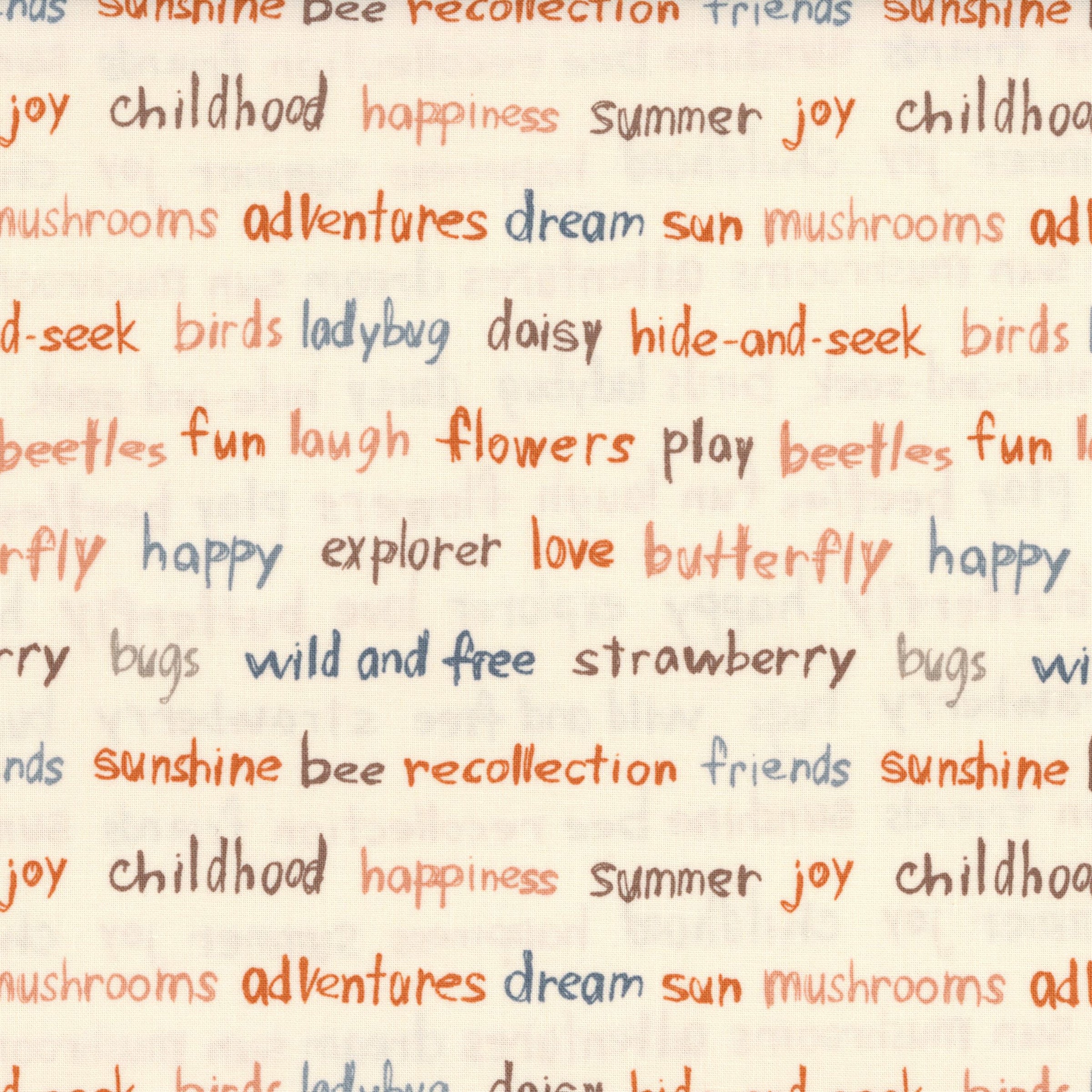 Moda Chirp by Elena Amo - Patchwork and Quilting Fabric from Brown's Craft Shed (Tags: Fabric blue children Chirp Elena Amo Moda Fabrics nature orange text print whimsical words )