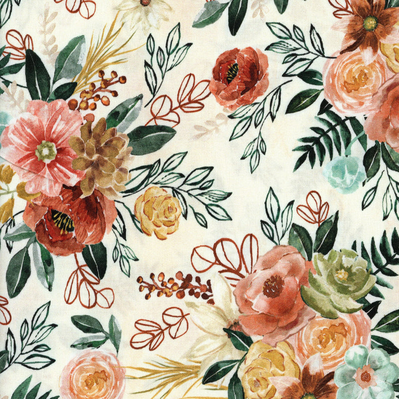 P&B Textiles Dina June Wild Apple Graphics Floral Chic - Patchwork and Quilting Fabric from Brown's Craft Shed (Tags: Fabric autumn bouquet cream Dina June feature print Floral garden green nature orange P&B Textiles pastel patchwork red rustic watercolour )