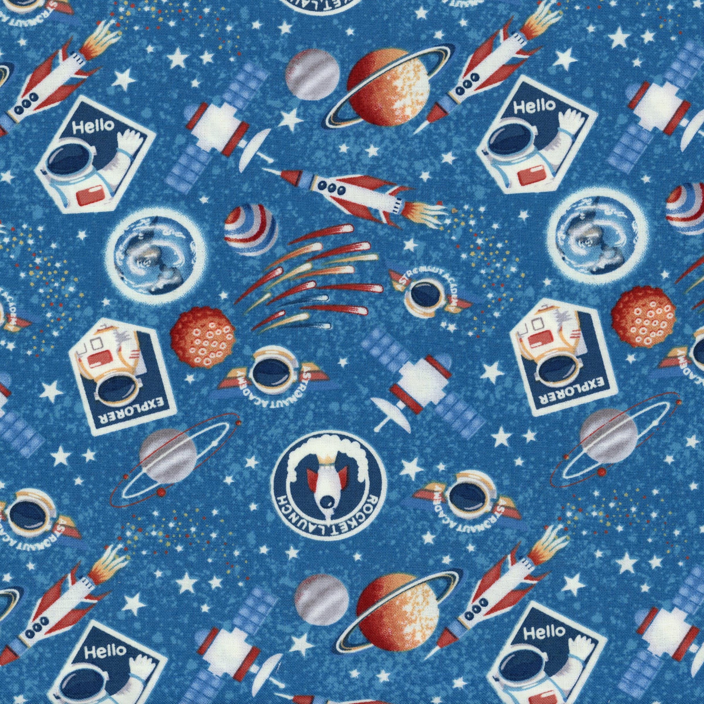 Henry Glass & Co. Milky Way - Glow by Kate Mawdsley - Patchwork and Quilting Fabric from Brown's Craft Shed (Tags: Fabric astronaut blue children Henry Glass & Co Kate Mawdsley Milky Way novelty planets playful red rockets science fiction space white )