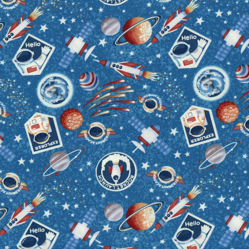Henry Glass & Co. Milky Way - Glow by Kate Mawdsley - Patchwork and Quilting Fabric from Brown's Craft Shed (Tags: Fabric astronaut blue children Henry Glass & Co Kate Mawdsley Milky Way novelty planets playful red rockets science fiction space white )