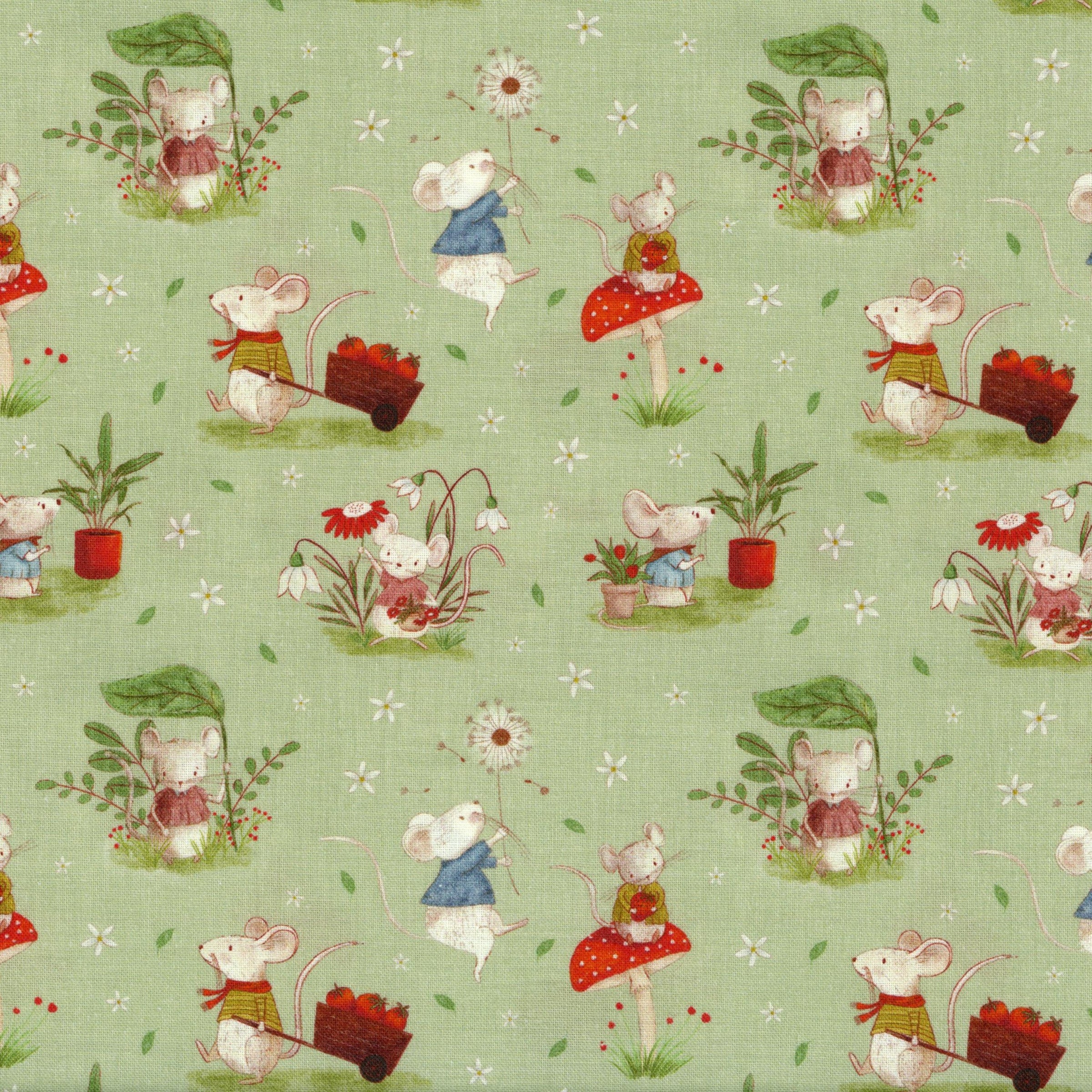 Nutex Whimsical Fields by Mel Armstrong - Patchwork and Quilting Fabric from Brown's Craft Shed (Tags: Fabric animal animals children Floral garden green Mel Armstrong mice mouse mushrooms nature novelty Nutex plants whimsical )