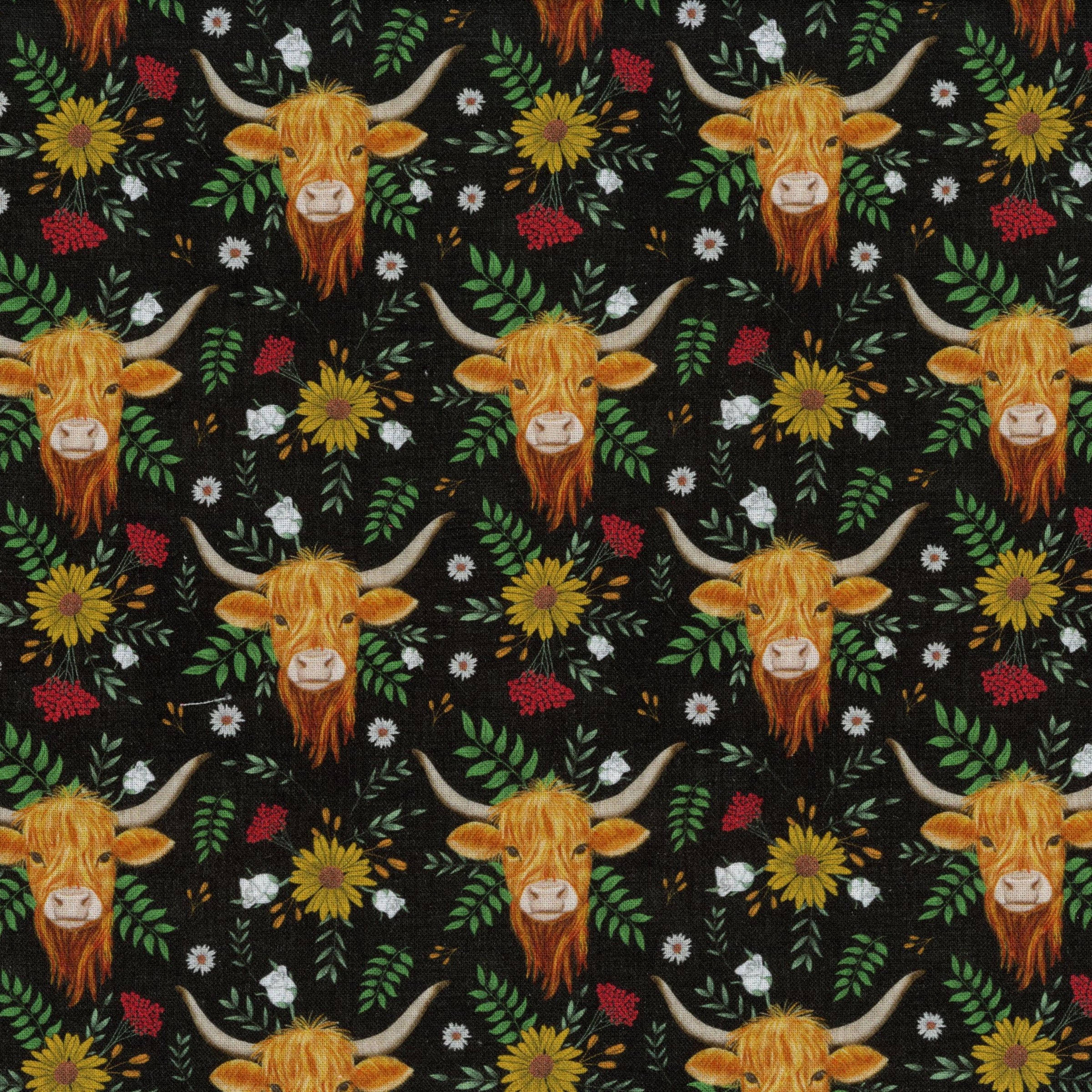 Nutex Highland Blooms by Mel Armstrong - Patchwork and Quilting Fabric from Brown's Craft Shed (Tags: Fabric animal animals Black country farm Floral flowers green Highland cow Mel Armstrong nature Nutex red rustic whimsical wildlife )