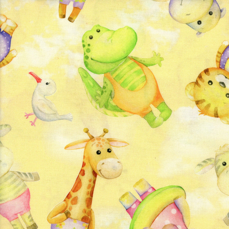 KK Fabrics - Cozy Snuggles Animal Yellow Backing by Milvale Design Studio - Patchwork and Quilting Fabric from Brown's Craft Shed (Tags: Fabric animals baby bird children cosy Cozy Snuggles crocodile cute flannel giraffe KK Fabrics Milvale Design Studio nursery patchwork playful quilting soft tiger wide backing )