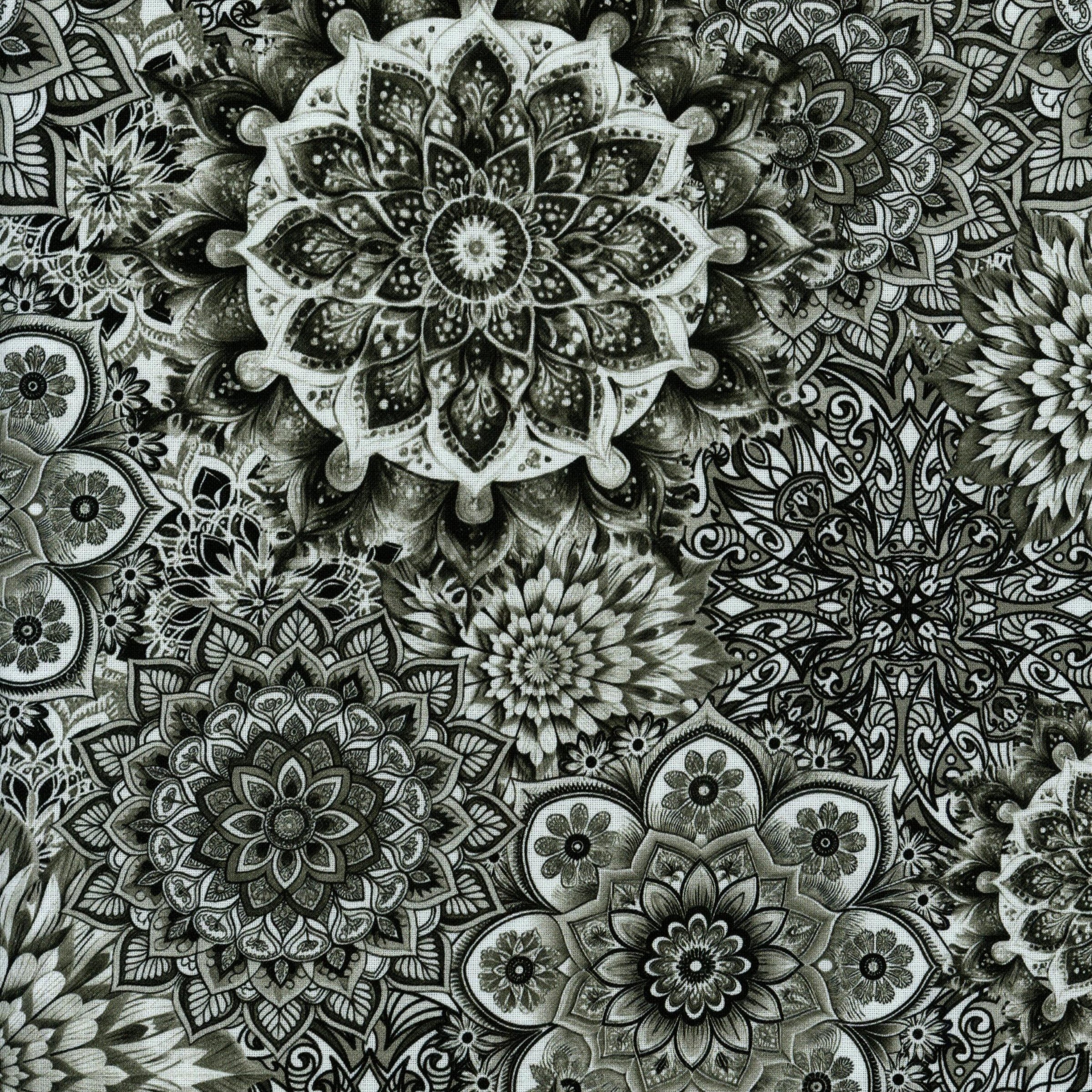 KK Fabrics Lush Petals Wide Back - Black & White Mandala - Patchwork and Quilting Fabric from Brown's Craft Shed (Tags: Fabric backing black and white boho KK Fabrics mandala monochrome wide backing )