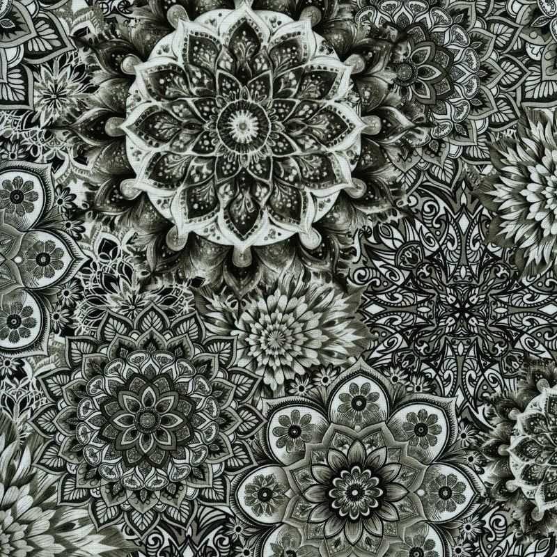 KK Fabrics Lush Petals Wide Back - Black & White Mandala - Patchwork and Quilting Fabric from Brown's Craft Shed (Tags: Fabric backing black and white boho KK Fabrics mandala monochrome wide backing )