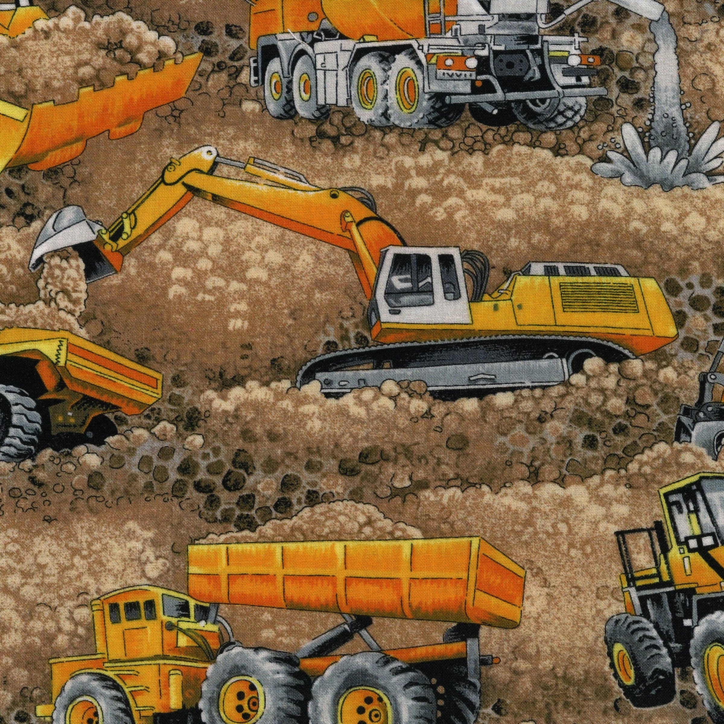 Nutex Trucks & Diggers - Patchwork and Quilting Fabric from Brown's Craft Shed (Tags: Fabric Brown children construction diggers machinery novelty Nutex orange playful transport trucks vehicles )