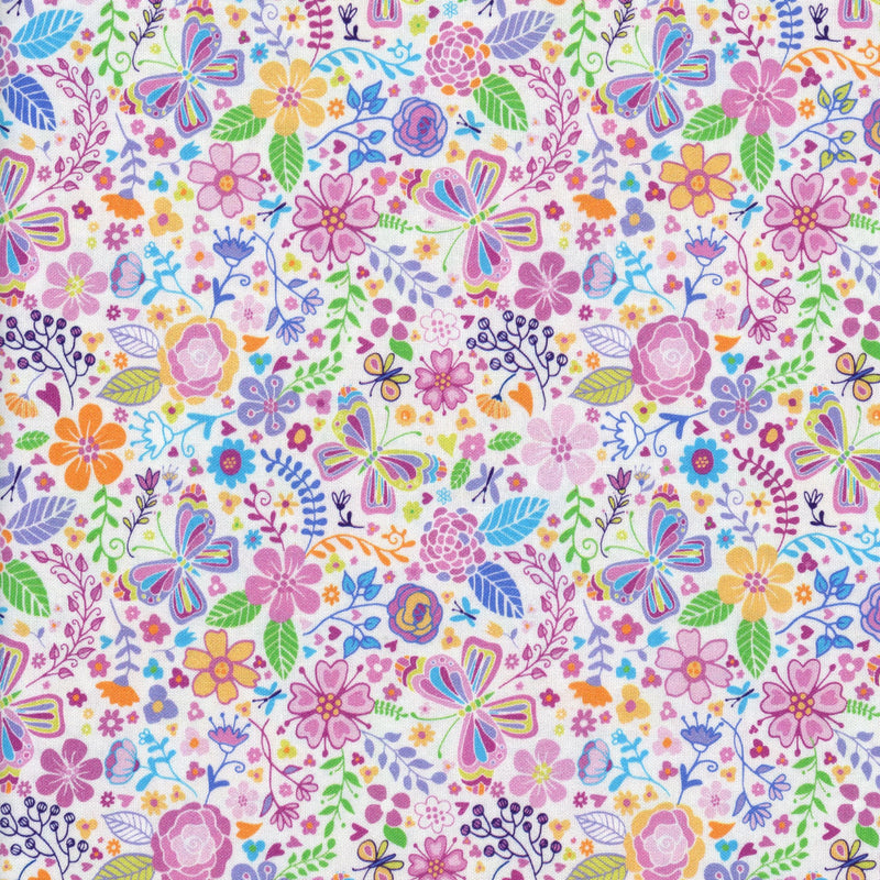 KK Fabrics - Enchanted Garden Backing by Michael Miller Fabrics - Patchwork and Quilting Fabric from Brown's Craft Shed (Tags: Fabric bright butterflies cheerful Enchanted Garden Floral garden green KK Fabrics Michael Miller nature orange patchwork pink playful purple quilting spring whimsical white wide backing )