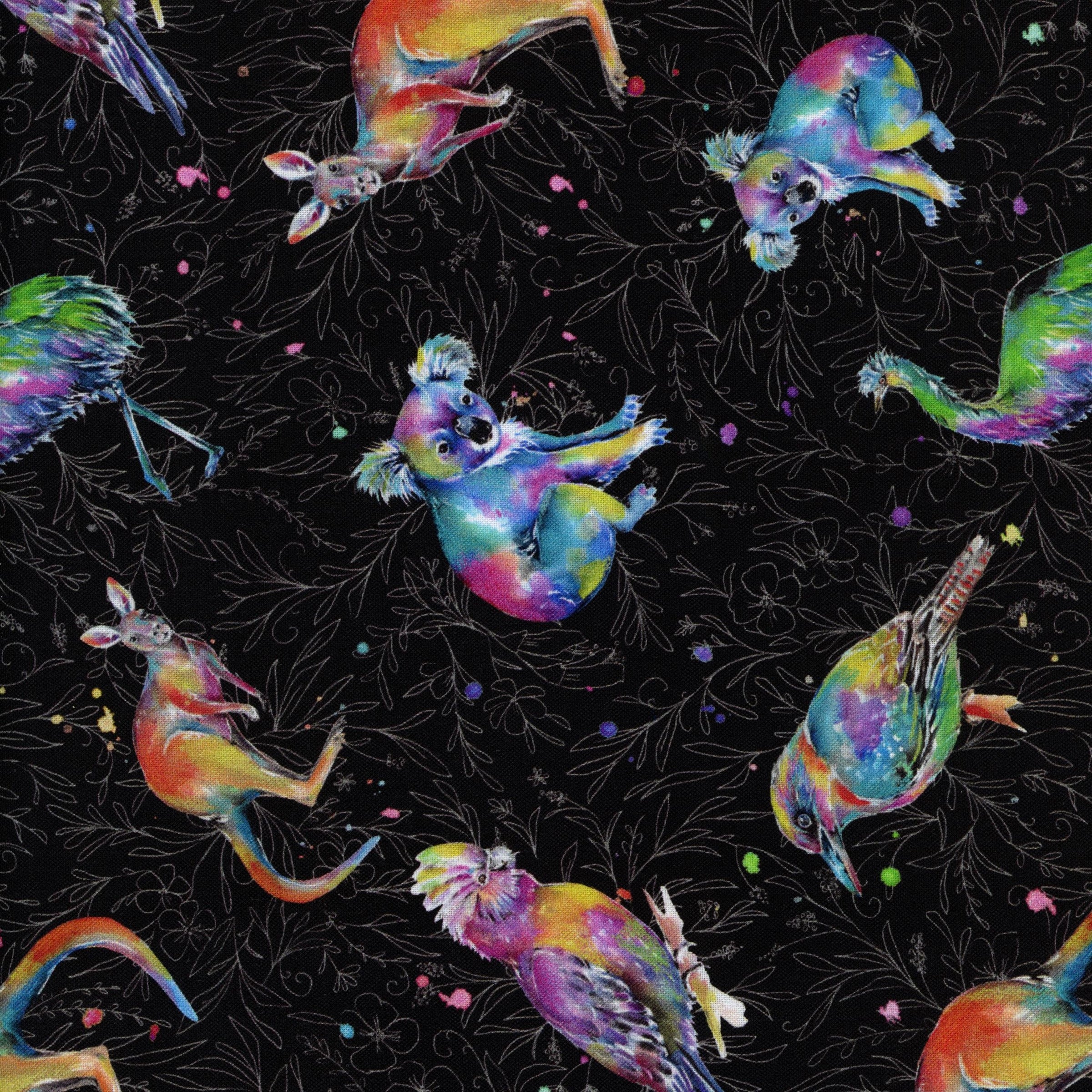 Nutex Splash of Colour Australia by Fiona Clarke - Patchwork and Quilting Fabric from Brown's Craft Shed (Tags: Fabric animals australiana birds Black cockatoo emu Fiona Clarke kangaroo koala multi nature Nutex Splash of Colour Australia whimsical wildlife )