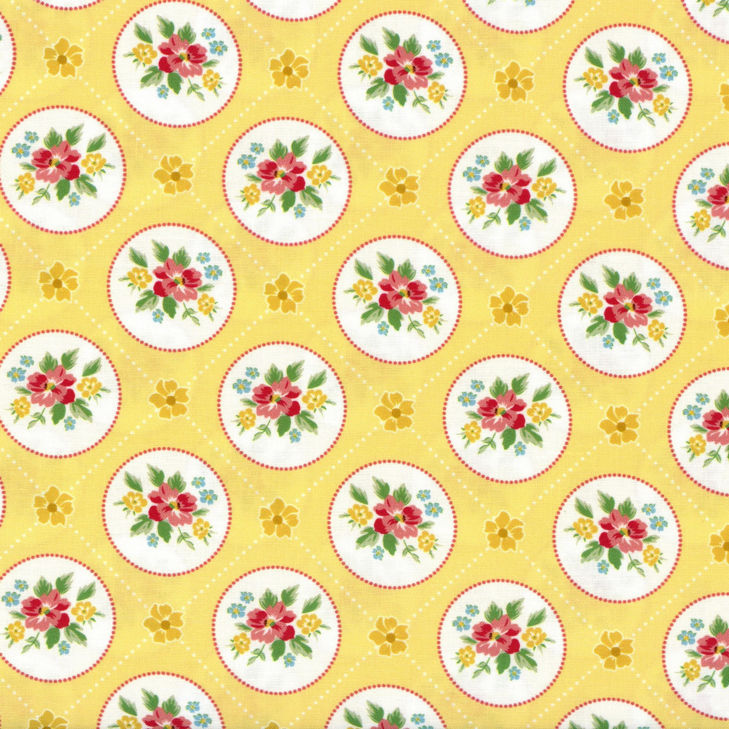 Poppie Cotton Matilda by Terri Henson (Miss Marie) - Patchwork and Quilting Fabric from Brown's Craft Shed (Tags: Fabric Cottage Garden Floral Heirloom Style Matilda Medallions Pink Flowers Poppie Cotton Terri Henson Yellow )
