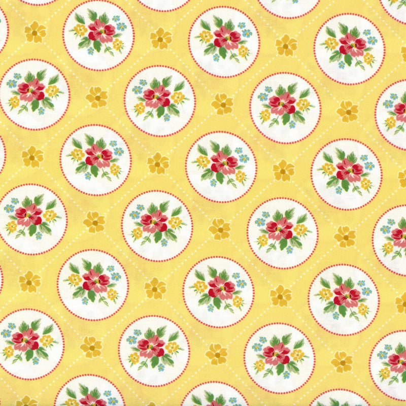 Poppie Cotton Matilda by Terri Henson (Miss Marie) - Patchwork and Quilting Fabric from Brown's Craft Shed (Tags: Fabric Cottage Garden Floral Heirloom Style Matilda Medallions Pink Flowers Poppie Cotton Terri Henson Yellow )