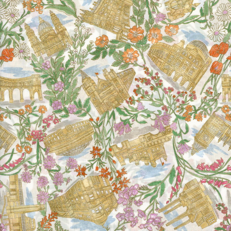 Liberty Tana Lawn Cotton - The London Collection: London Spring C - Patchwork and Quilting Fabric from Brown's Craft Shed (Tags: Fabric architecture blue buildings cityscape cream garden green landmarks Liberty Liberty London London Collection orange pink spring Tana Lawn travel vintage whimsical )