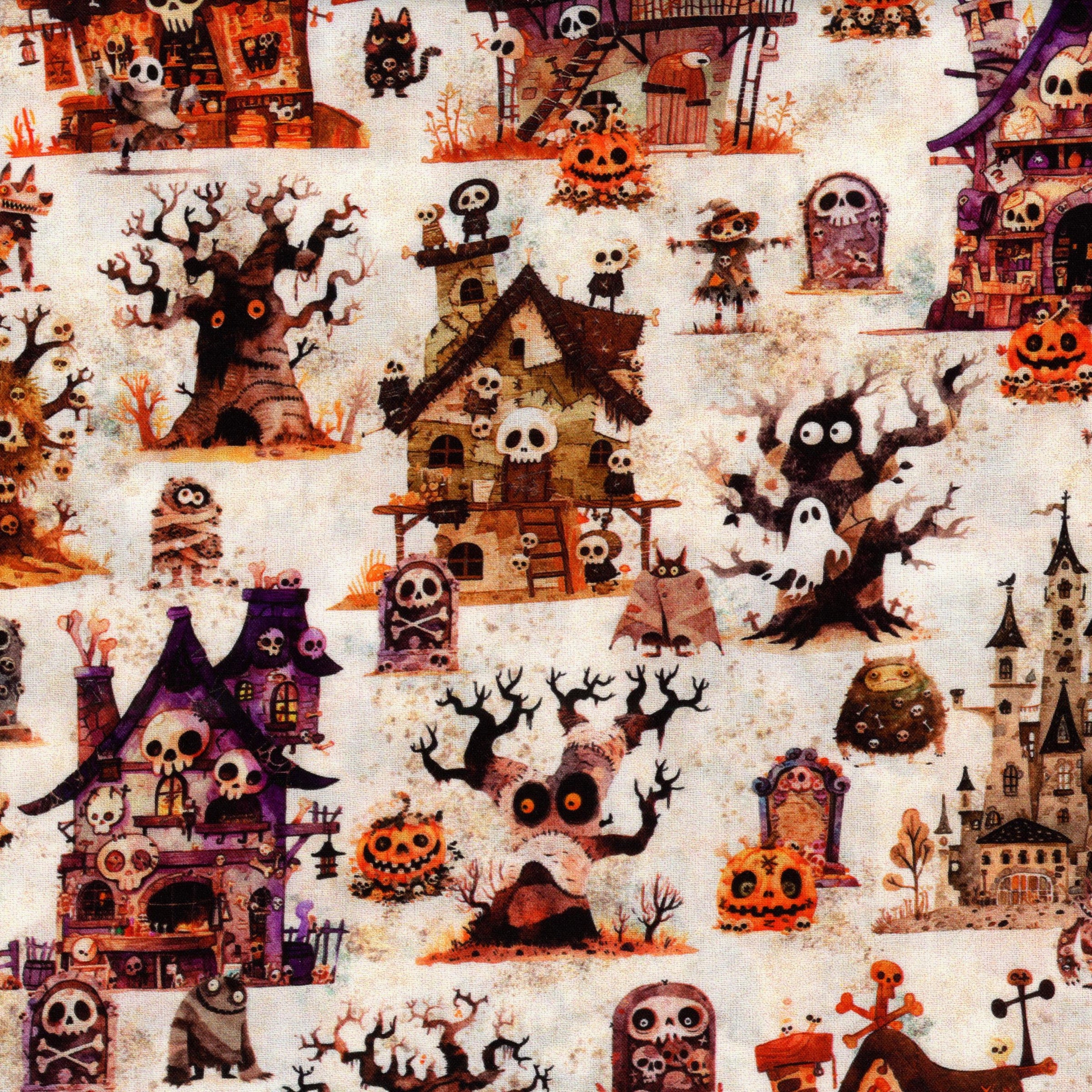 QT Fabrics A Haunting We Will Go by Morris Creative Group - Patchwork and Quilting Fabric from Brown's Craft Shed (Tags: Fabric autumn ghosts halloween houses Morris Creative Group novelty orange pumpkins purple QT Fabrics skulls spooky trees whimsical )