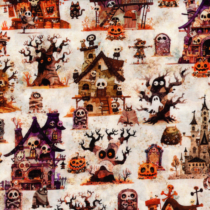 QT Fabrics A Haunting We Will Go by Morris Creative Group - Patchwork and Quilting Fabric from Brown's Craft Shed (Tags: Fabric autumn ghosts halloween houses Morris Creative Group novelty orange pumpkins purple QT Fabrics skulls spooky trees whimsical )
