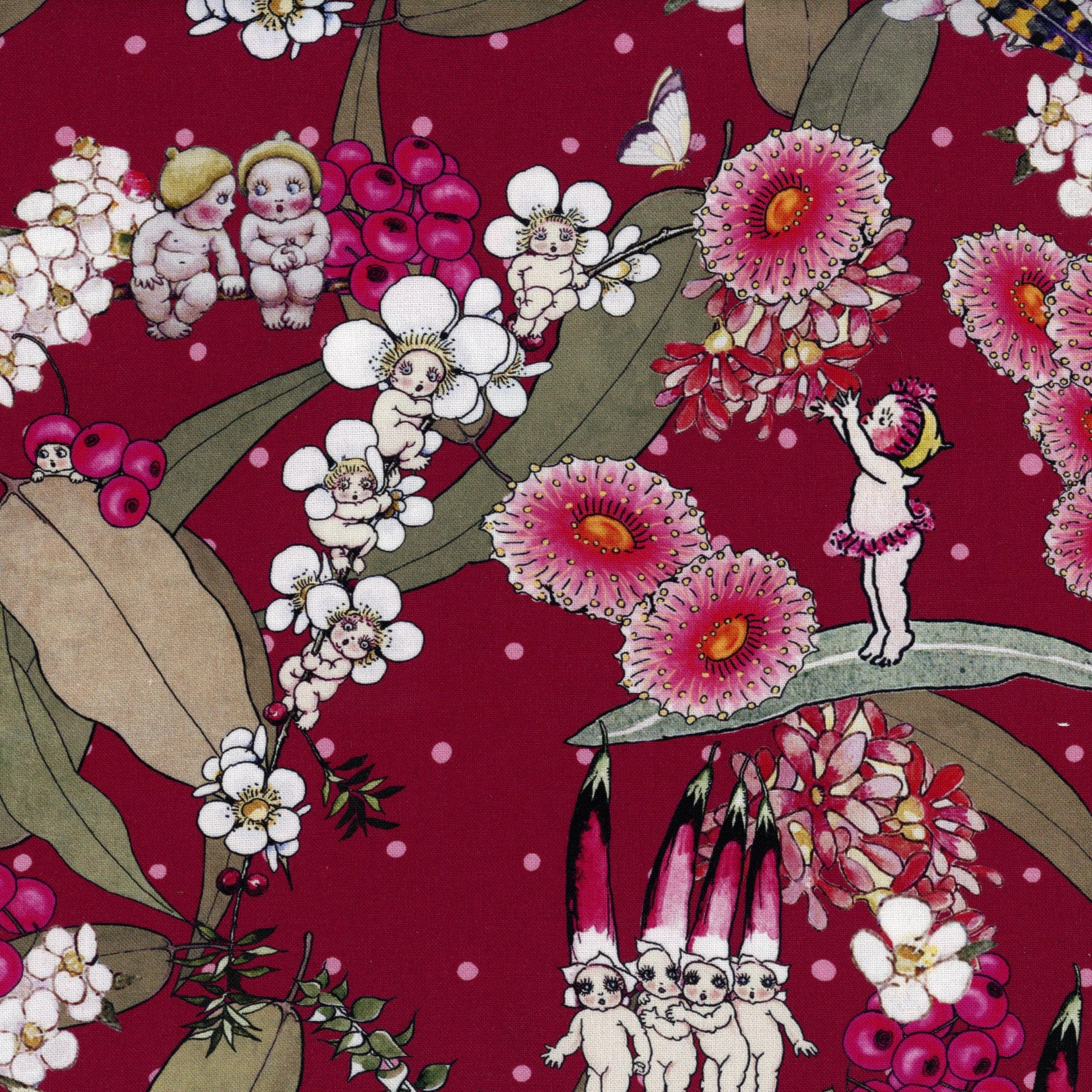 Devonstone Collection - May Gibbs Collection - Patchwork and Quilting Fabric from Brown's Craft Shed (Tags: Fabric children Devonstone Collection flowers green gumnut babies nature novelty pink red whimsical wide backing )
