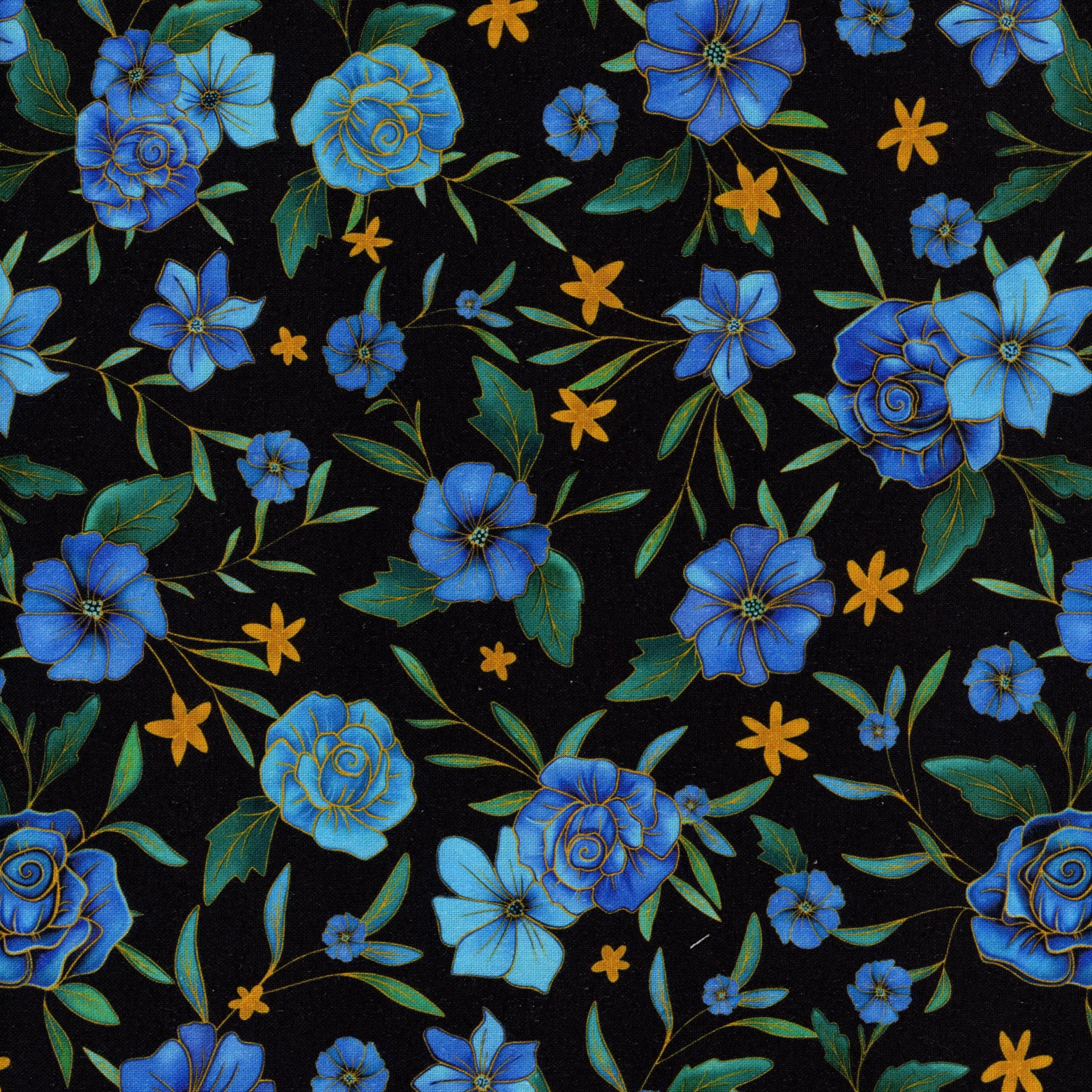 Nutex Peacock (Floral Black) - Patchwork and Quilting Fabric from Brown's Craft Shed (Tags: Fabric Black blue bold contrast elegant Floral flowers garden gold green modern nature Nutex )