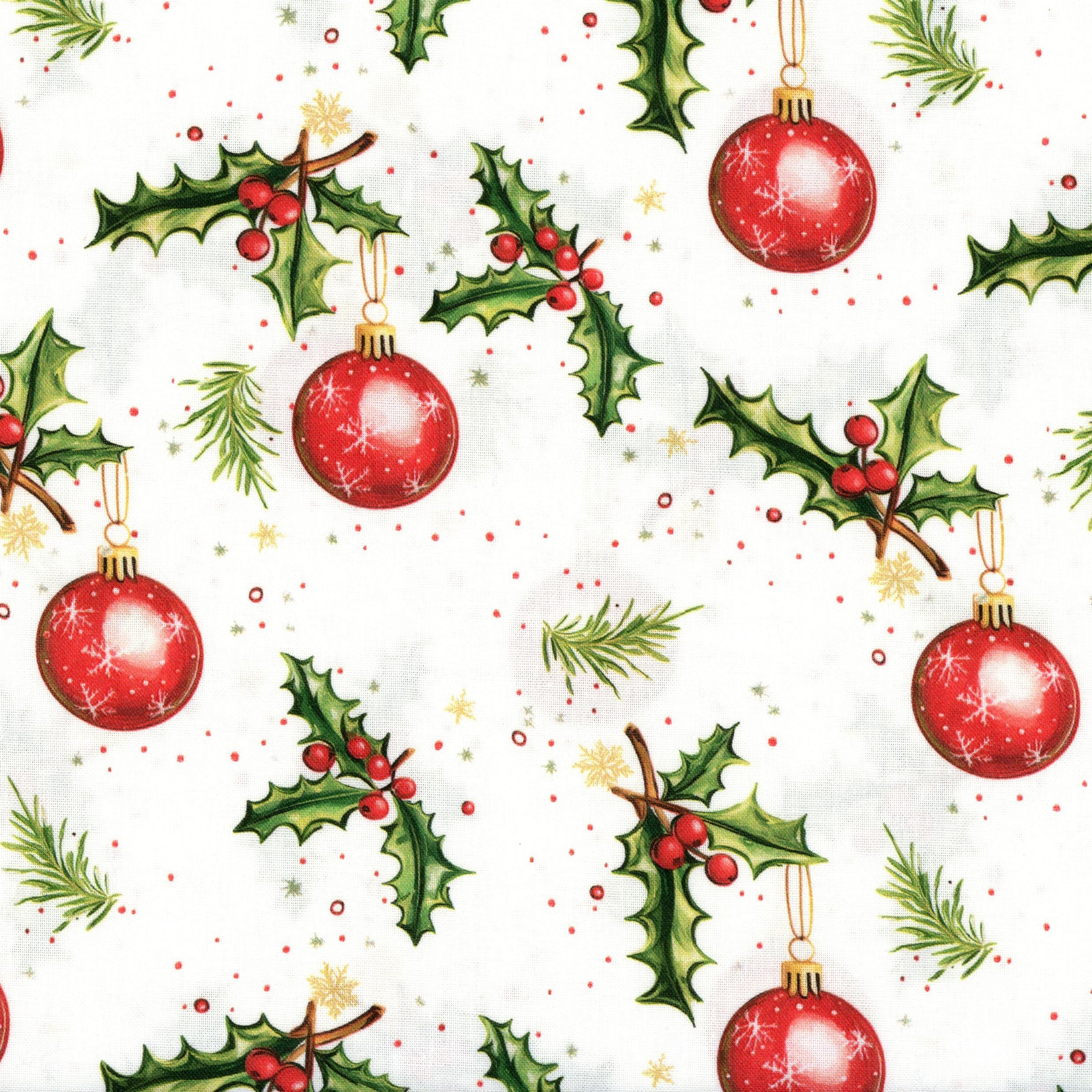 KK Fabrics A Holly Season - Baubles and Holly (White) - Patchwork and Quilting Fabric from Brown's Craft Shed (Tags: Fabric christmas christmas decor KK Fabrics Red Green )