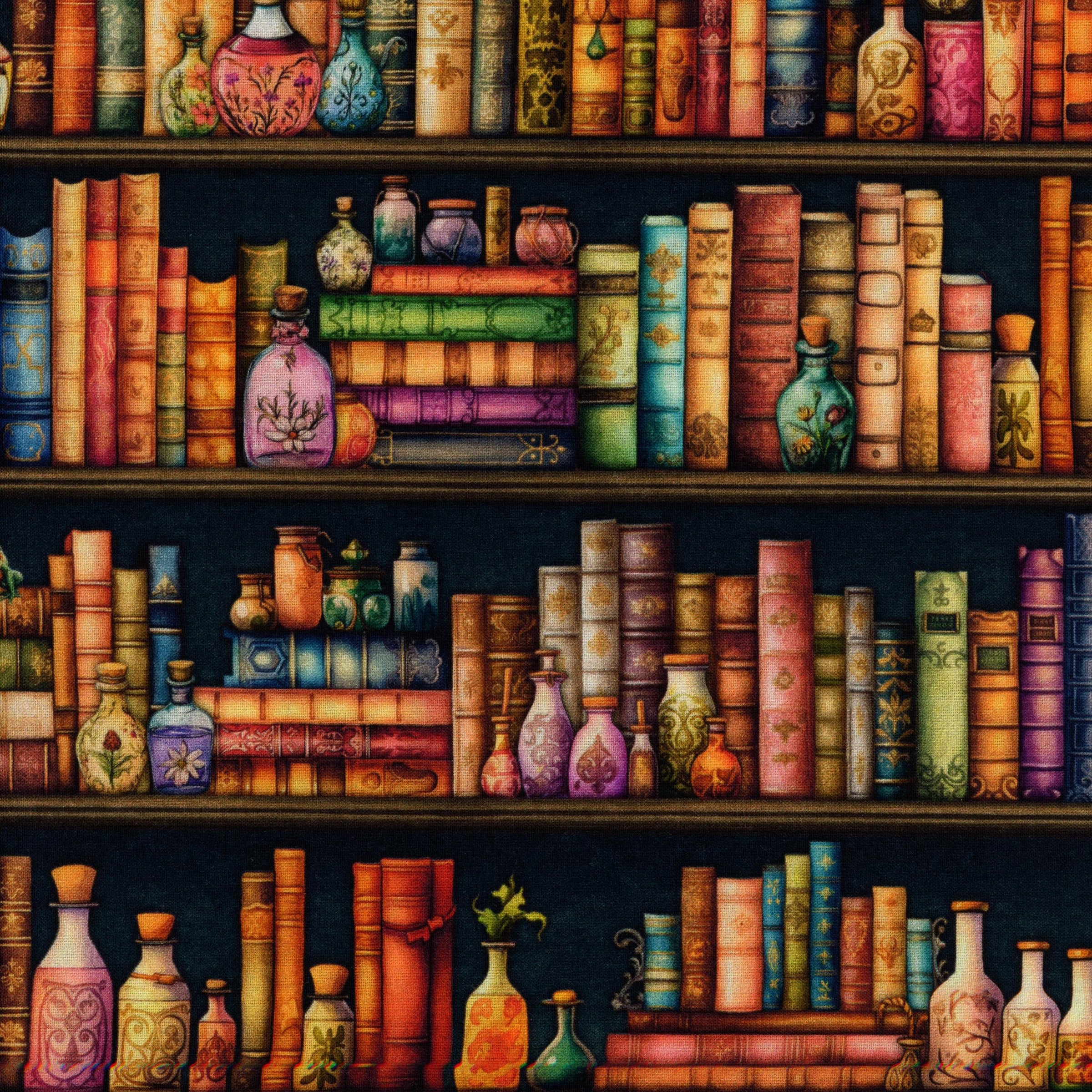 QT Fabrics Witchypoo by Morris Creative Group - Patchwork and Quilting Fabric from Brown's Craft Shed (Tags: Fabric books dark fantasy gold library Morris Creative Group multi mystical novelty potion bottles QT Fabrics teal vintage whimsical Witchypoo )