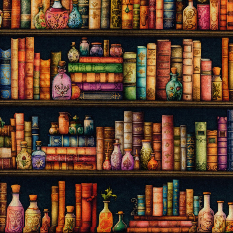 QT Fabrics Witchypoo by Morris Creative Group - Patchwork and Quilting Fabric from Brown's Craft Shed (Tags: Fabric books dark fantasy gold library Morris Creative Group multi mystical novelty potion bottles QT Fabrics teal vintage whimsical Witchypoo )