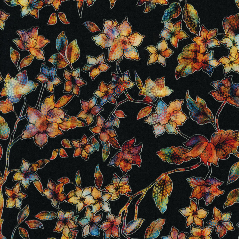 QT Fabrics - Periwinkle (Autumn Glow) - Patchwork and Quilting Fabric from Brown's Craft Shed (Tags: Fabric autumn Black dramatic elegant Floral gold metallic nature orange QT Fabrics quilting cotton stained glass teal vines )