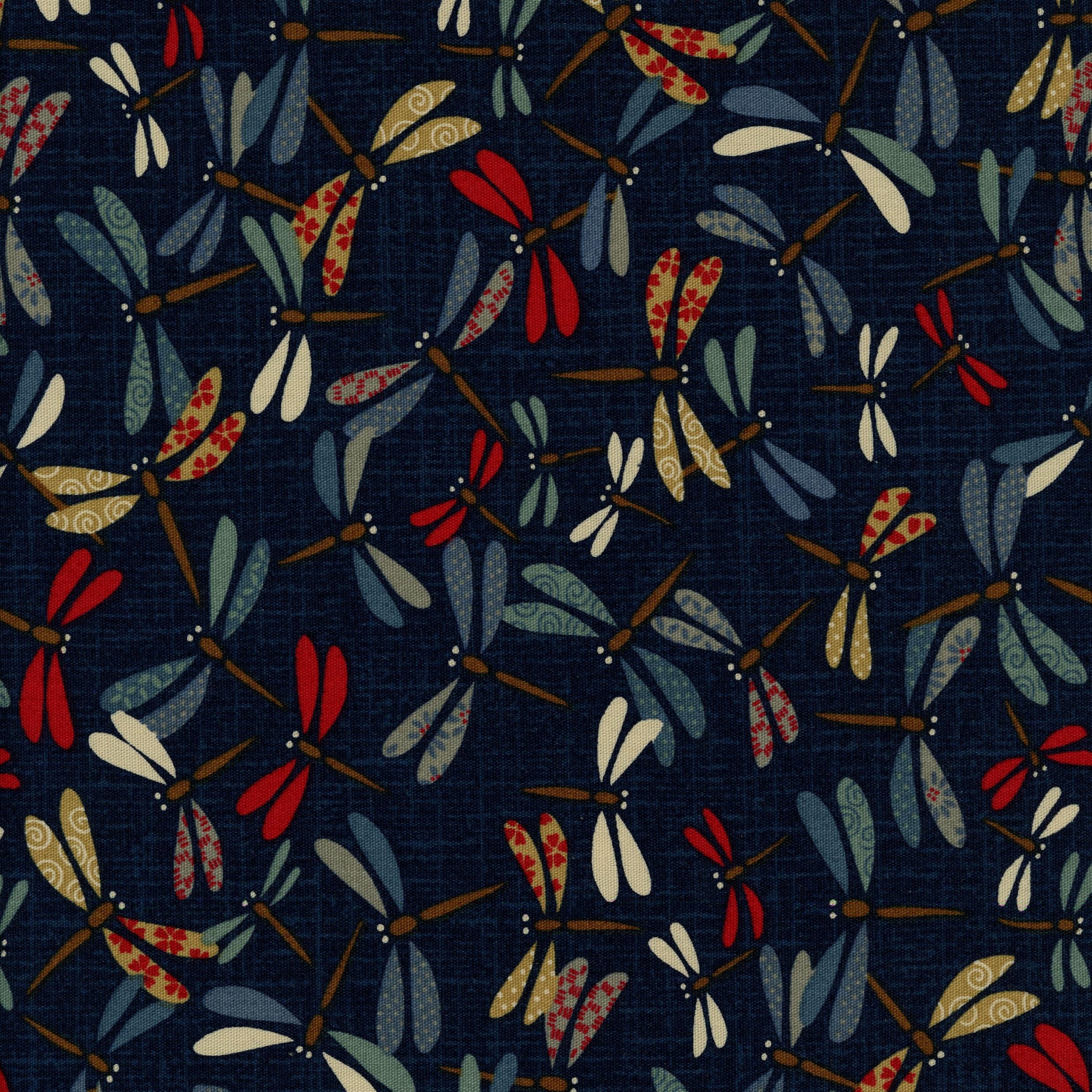Windham Fabrics Sunday Drive by Katherine Quinn - Patchwork and Quilting Fabric from Brown's Craft Shed (Tags: Fabric blue cream dragonfly garden insects Katherine Quinn nature navy novelty red Sunday Drive whimsical wildlife Windham Fabrics )