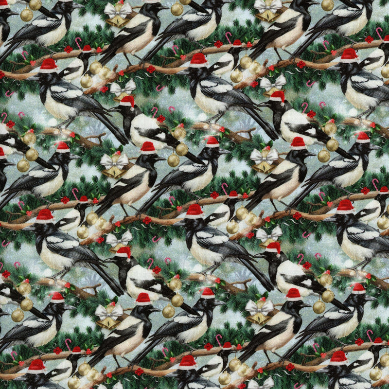 KK Fabrics Milvale Design Studio Festive Friends Magpies - Patchwork and Quilting Fabric from Brown's Craft Shed (Tags: Fabric animal australiana birds christmas green magpie Milvale Design Studio novelty red white wildlife )
