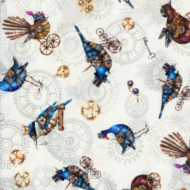 Nutex Gears & Feathers by Fiona Clarke - Patchwork and Quilting Fabric from Brown's Craft Shed (Tags: Fabric birds blue cream Fiona Clarke gears industrial mechanical nature novelty Nutex steampunk whimsical wildlife )