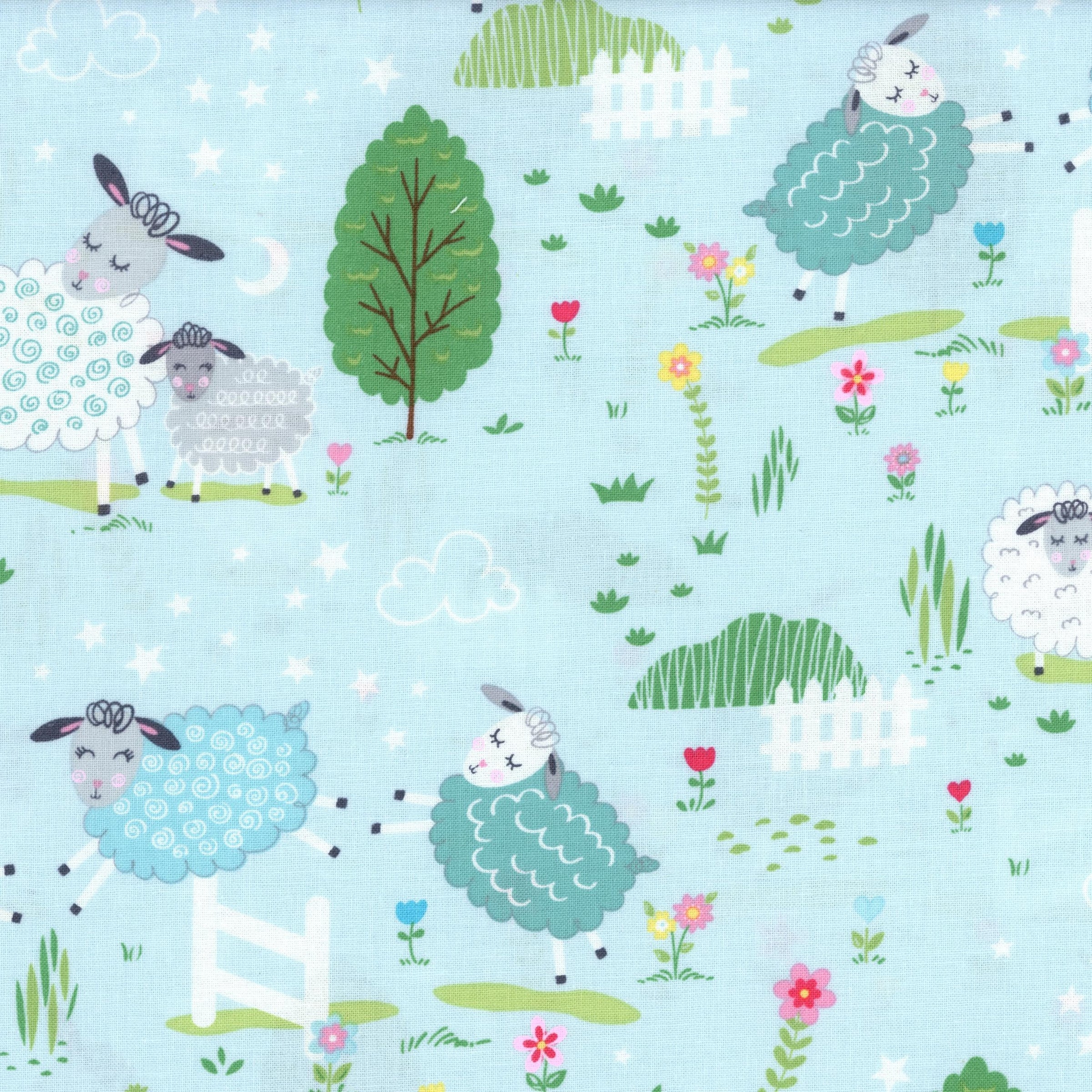 KK Fabrics Sweet Little Lamb by Greta Lynn (Scenic Sky Blue) - Patchwork and Quilting Fabric from Brown's Craft Shed (Tags: Fabric Greta Lynn KK Fabrics Pastel Colours Sky Blue Sweet Little Lamb )