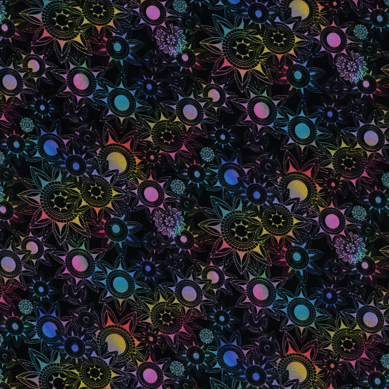 KK Fabrics Lush Petals (Rainbow Black Geo) by Milvale Design Studios - Patchwork and Quilting Fabric from Brown's Craft Shed (Tags: Fabric )