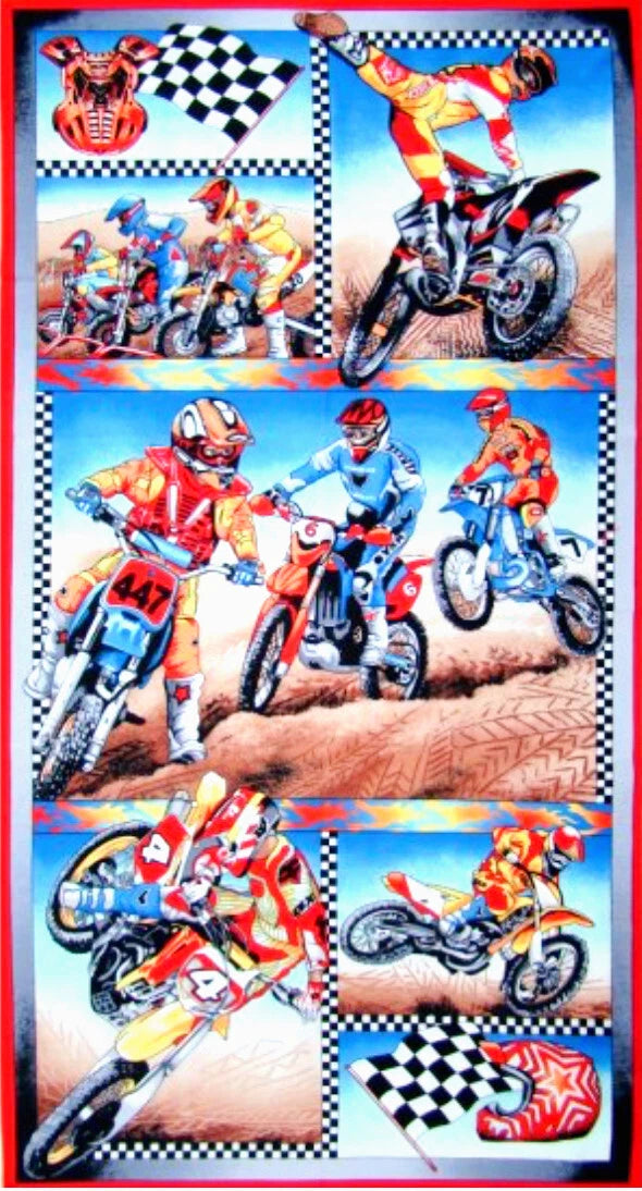 Nutex Farics- Motorcross Panel - Patchwork and Quilting Fabric from Brown's Craft Shed (Tags: Fabric action Black blue boys children motocross motorbike multi novelty Nutex Fabrics panel playful racing red sports vehicles )
